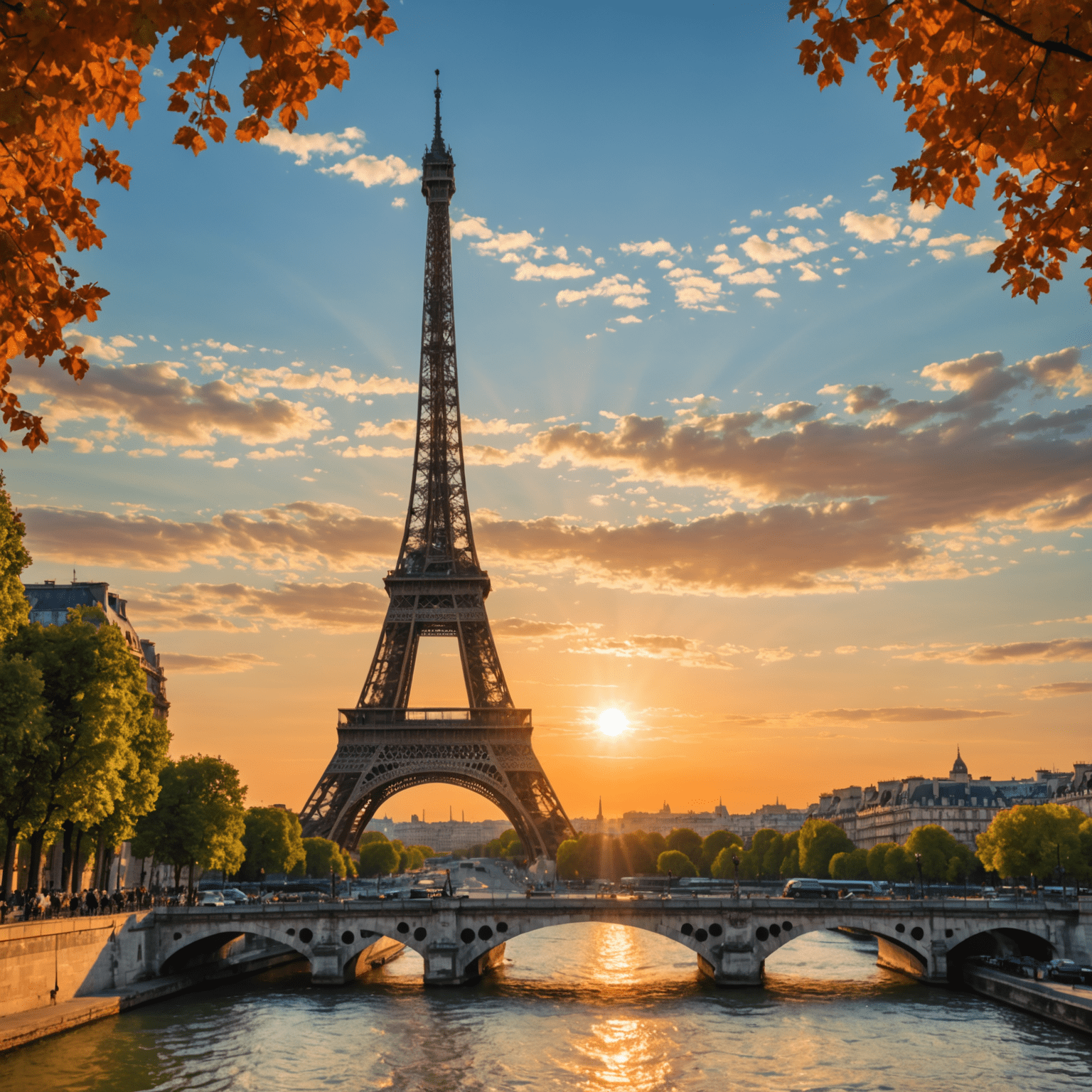 Scenic view of the Eiffel Tower in Paris, France, with a vibrant sunset in the background