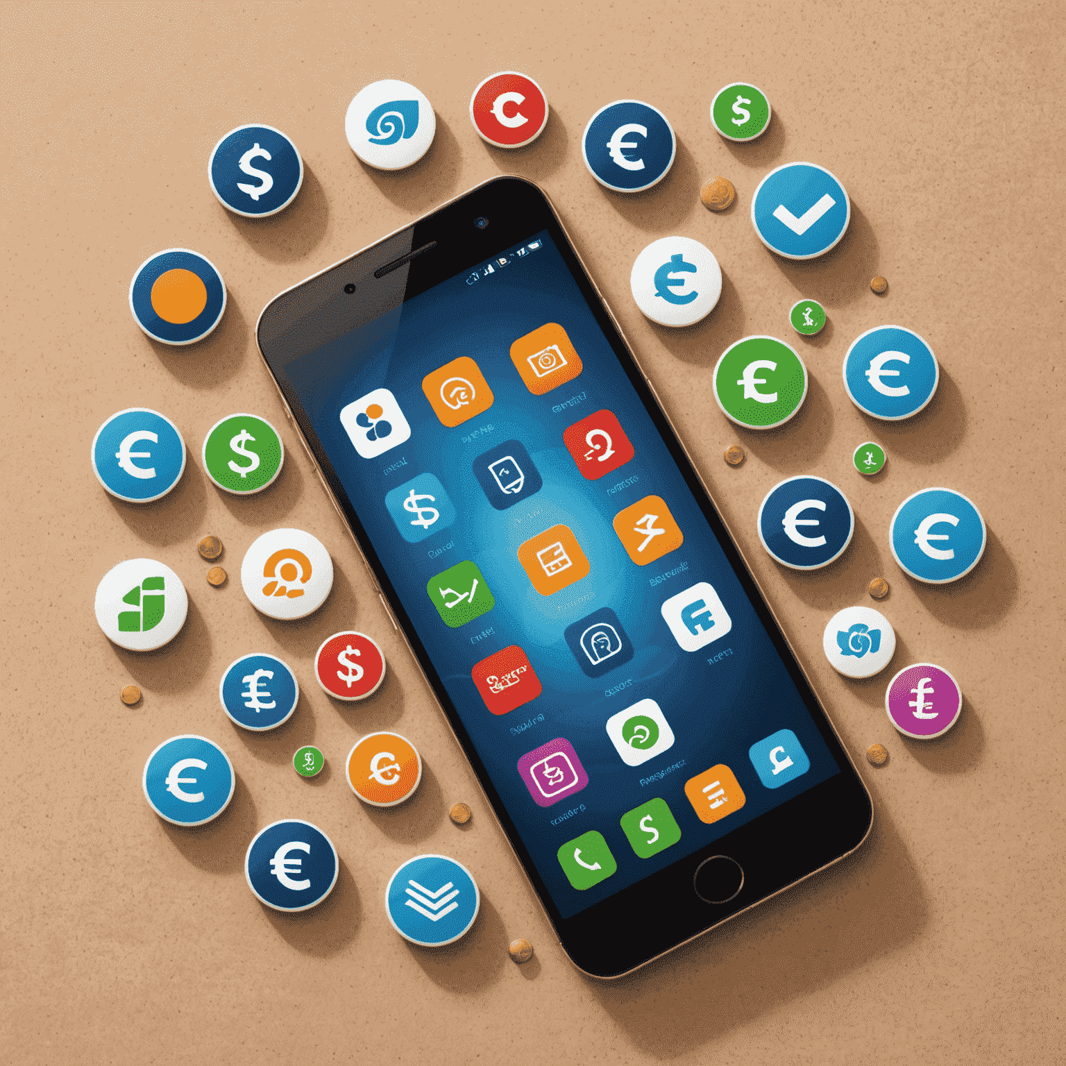 Illustration of a smartphone with various mobile operator logos and currency symbols, representing quick and easy phone top-up service