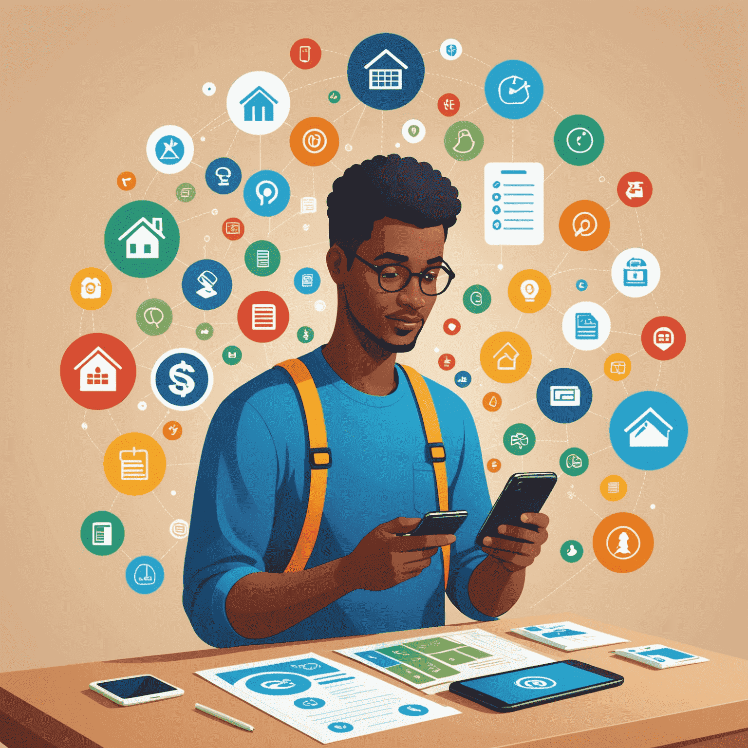 Illustration of a person using a smartphone to pay bills, with icons of various utility services floating around