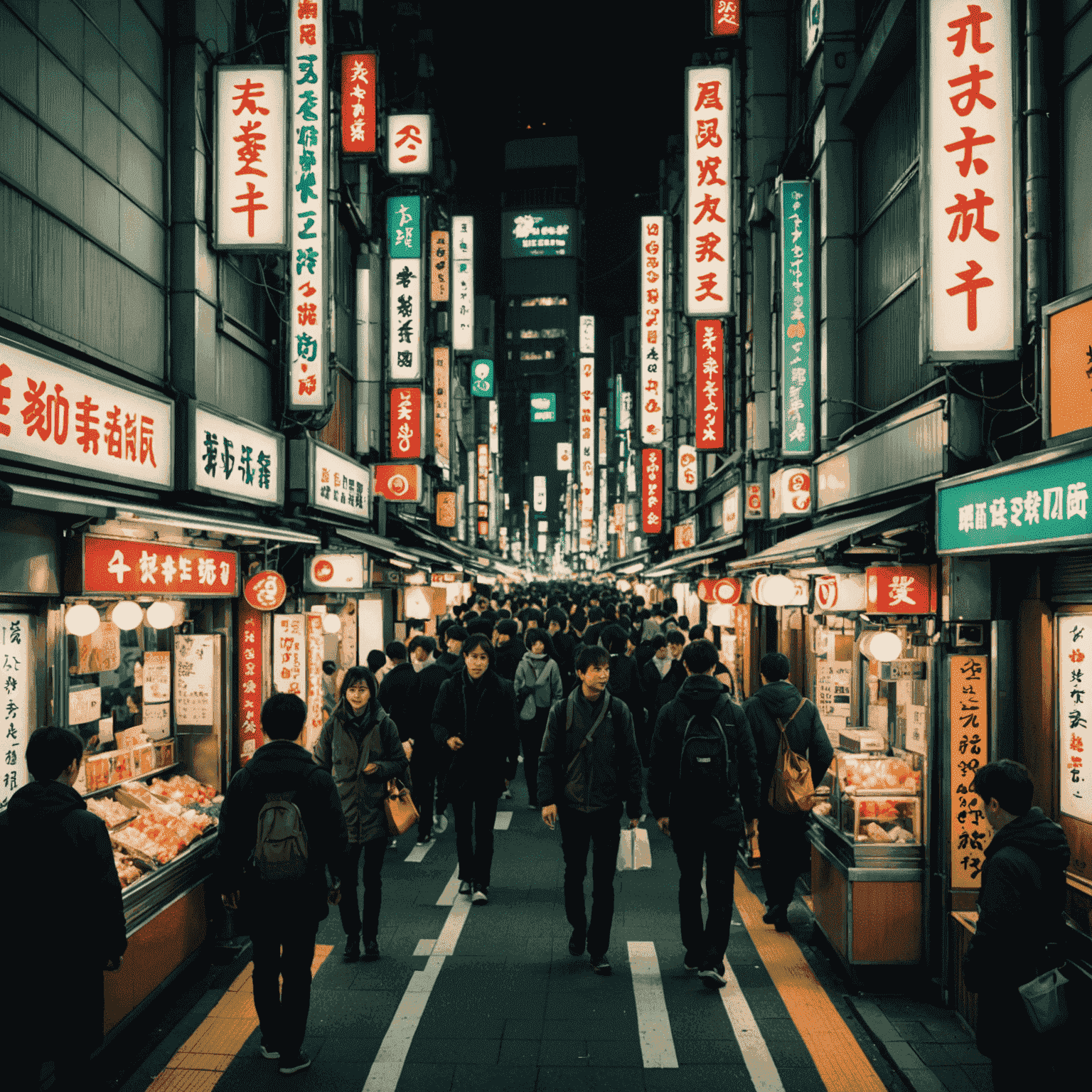 Bustling street in Tokyo, Japan, with neon signs and crowded sidewalks at night